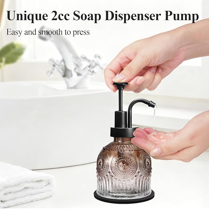 SheeChung Vintage Soap Dispenser, Kitchen Dish Soap Dispensers with Pump Mat, Glass Hand Soap Dispenser for Bathroom, Liquid, Lotion, Refillable, Rustic Farmhouse Decor-Brown (Black Pump, 2 pk)