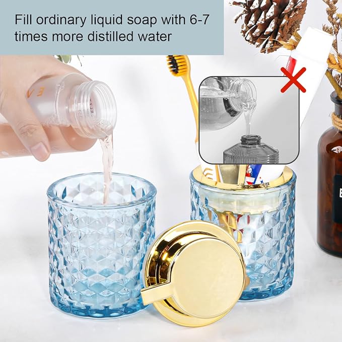 Bathroom Accessories 2 Piece Set Glass Soap Dispenser and Toothbrush Holder, 10oz Foaming Soap Dispenser, Blue Toothbrush and Toothpaste Holder Organizer Cup for Modern Bathroom Decor