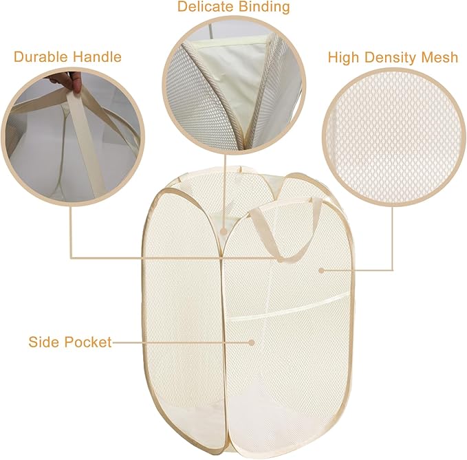 Pop Up Laundry Basket Folding Laundry Hamper Mesh Hamper Storage Bin for College Dorms, Travelling, Crusing, Camping, Beige