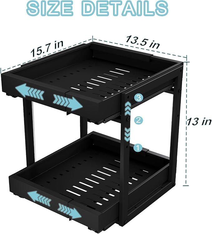 Golener 2-Tier Expandable Pull Out Cabinet Organizer - Pull-Out Drawers for Kitchen Cabinets, 2 Slide Home Storage Organizers, Slide Out Shelves for Base Cabinet Organization in Kitchen, Black Metal
