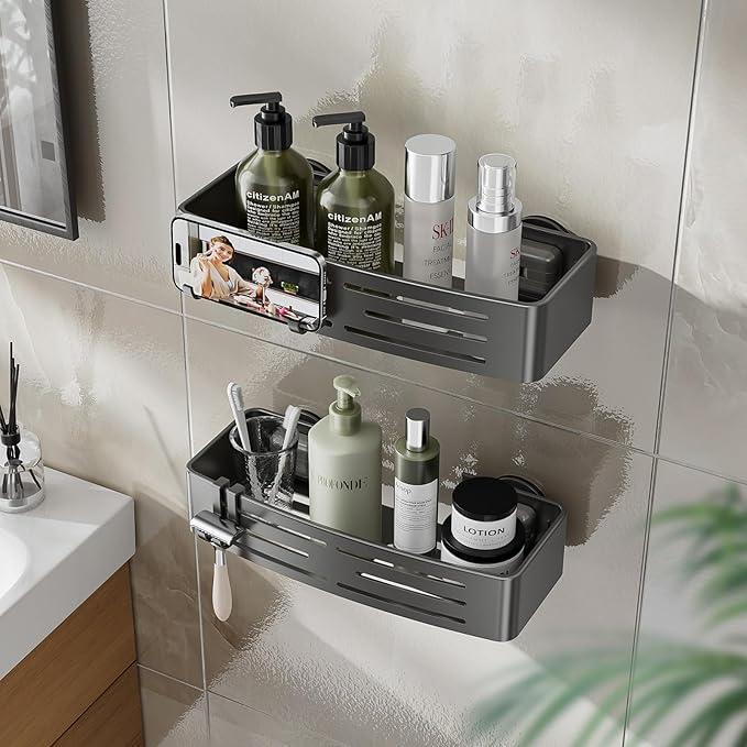 Shower Caddy Suction Cup,2 Pack Shower Shelves with Hooks No Drilling Removable,Large Capacity Bathroom Organizers and Storage,Waterproof Rustproof Shower Bathroom Accessories Decor(Gray)