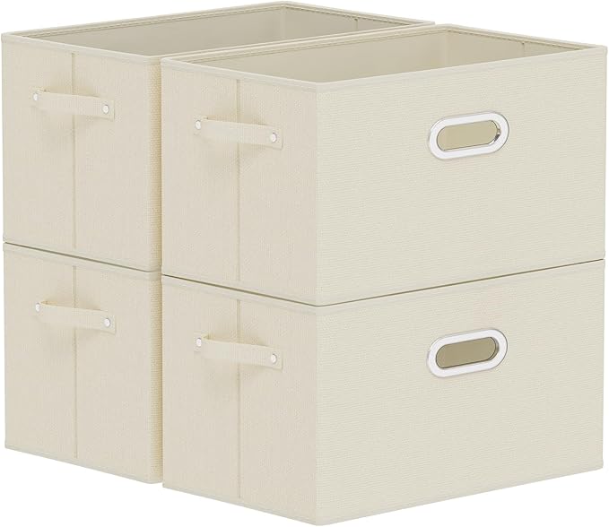 Foldable Cloth Basket with 3 Handles, Decorative Open Storage Boxes, Stackable Cube Organization, Fabric Bins for Shelves, Closet, Living Room, 15x9.8x9.8in, Beige, 4 Pack