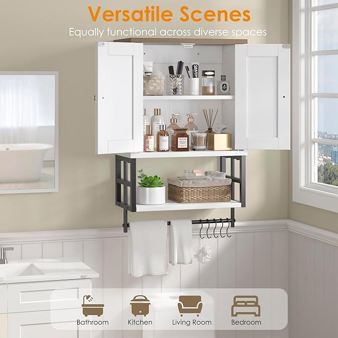 Farmhouse Medicine Cabinet - 3-Tier Wall Mounted Storage Organizer with Adjustable Shelves, Towel Bar, 5 Hooksfor Small Bathroom, Laundry Room, Over Toilet, Living Room, Bedroom (White)
