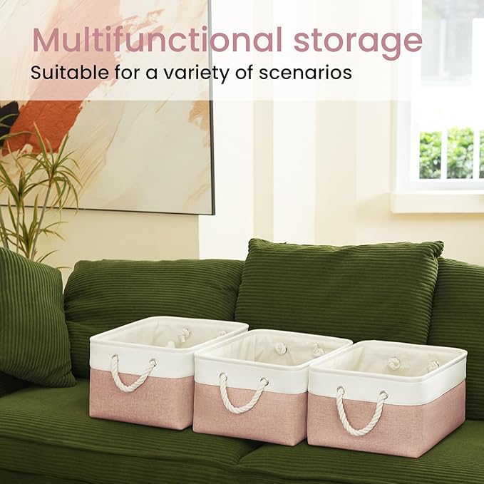 Large Storage Baskets- 15.7x11.8x8.26 inch Storage Bins for Shelves and Closet Organizing, Foldable Fabric Bin for Home Organization Clothes and Laundry (3-Pack, White&Pink)