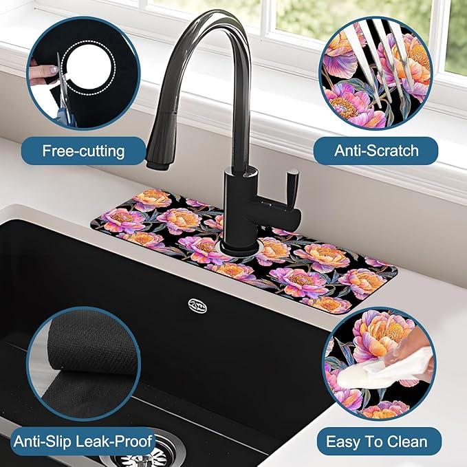 Colorful Peonies Sink Splash Guard Blooming Peonies Faucet Absorbing Mat Fast Drying Mat Sink Gadgets Splash Guard Behind Faucet Drip Catcher for Kitchen Bathroom, 15.5"x5.5"