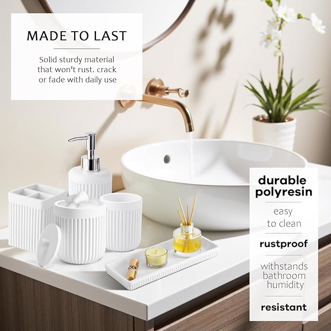White Bathroom Sets with Shower Curtain and Rugs, 8-Piece Resin Bathroom Accessories Sets Complete with Soap Dispenser, Toothbrush Holder, Tumbler, Tray & Cotton Swab Jars Bathroom Essentials