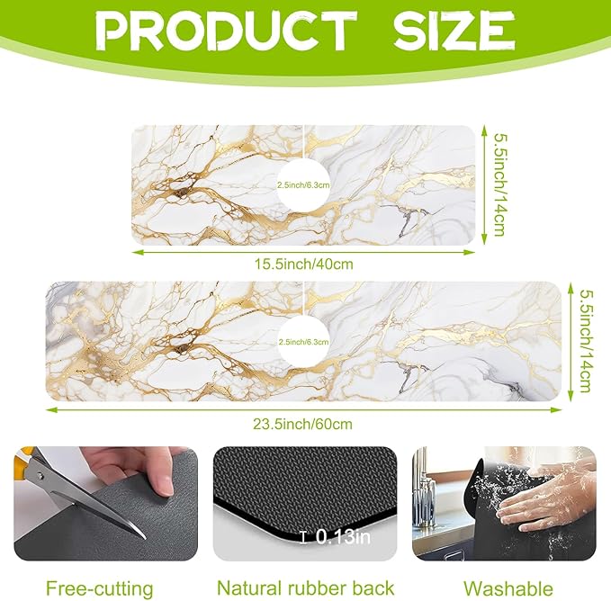 Kitchen Sink Splash Guard Faucet Mat Super Absorbent Fast Drying Mat Guard Behind Faucet Drip Catcher for Kitchen Bathroom (Gray Gold Marble, 23.5"X5.5")