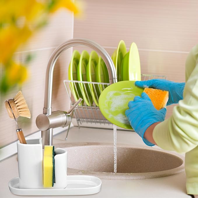 Geelin 3 in 1 Ceramic Kitchen Sink Caddy Dish Sponge Holder Scrub Brush Holder and Soap Tray for Kitchen Organizer White Rustic Farmhouse Supplies(White)
