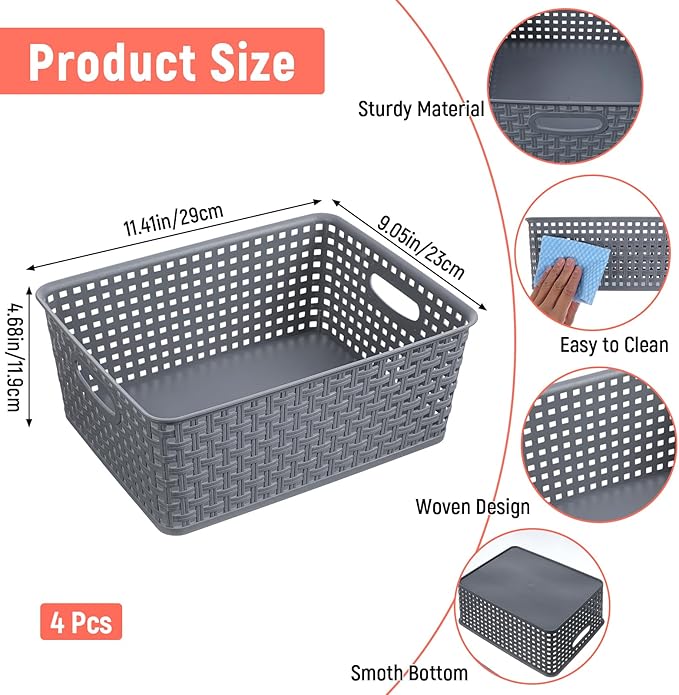 Pack of 4 Plastic Storage Basket, Grey Desktop File Paper Letter Organizer Tray,Plastic Baskets for Organizing（11.4"X9"X4.7"）