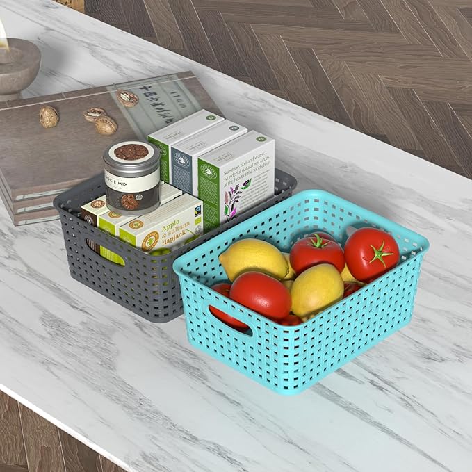 Colour Pantry Organizer Basket, Plastic Woven Storage Baskets, 6 Packs