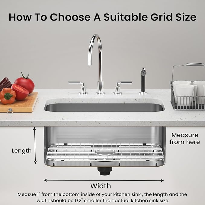 Sink Bottom Grid 27-1/2" x 14-1/4", Centered Drain with Corner Radius 3-1/2" (27-1/2" x 14-1/4" Center Drain) - for Single Bowl Kitchen Sink