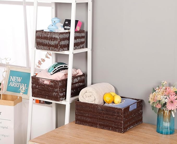 Elevon Plastic Wicker Basket Set of 3, Handmade Storage Basket for Organizing with Handles, Storage Bins for Home Kitchen Countertop, Shelf Organizer, Waterproof, Coffee
