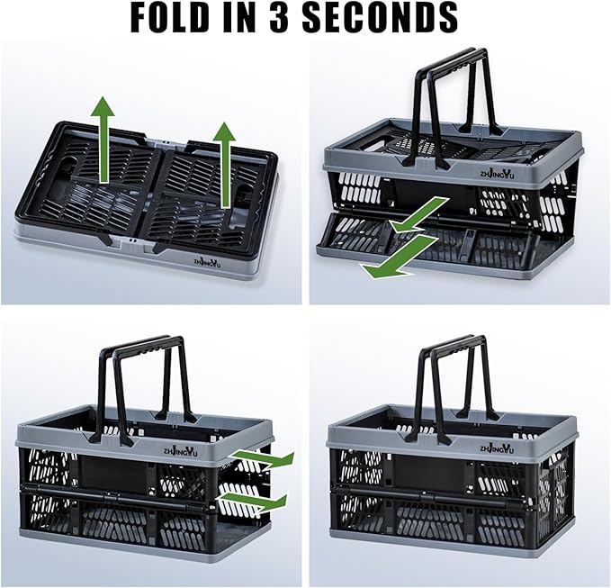 Plastic Baskets with handles,2-pack Black Collapsible crates for storage,14.96"x9.84"x7.87" foldable shopping basket ,foldable crate with Handles for car Classroom Kitchen Bathroom Medicine Milk