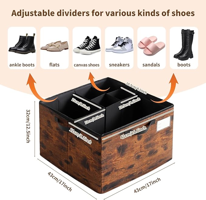 Varhomax Shoe Organizer Box for Closet, Fabric Shoe Storage Bin with Adjustable Dividers & Clear Cover, Holds up 16-32 Pairs of Sneakers & Sandals for Entryway, Cubby (Rust Brown)