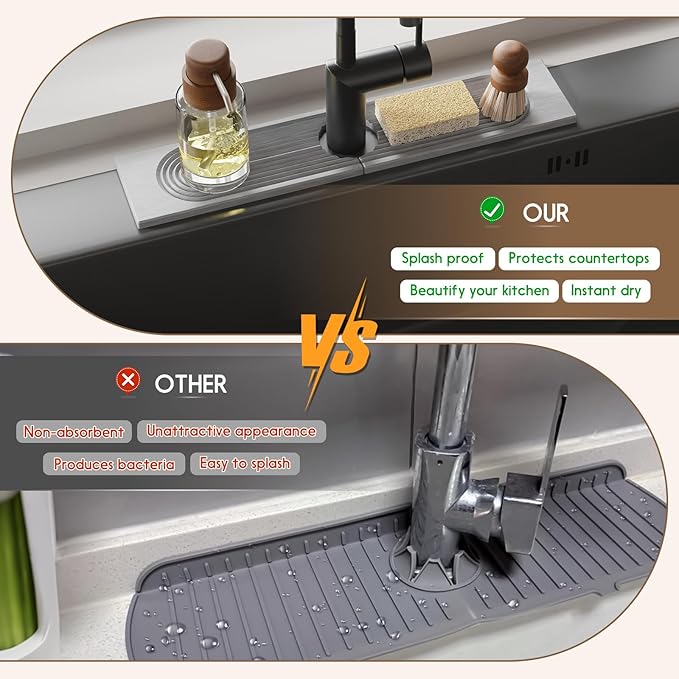 Faucet Mat for Kitchen Sink, Diatomite Quick Drying Tray , 20 Inch Kitchen Sink Splash Guard and Bathroom Stone Tray for Counter. Super Absorben. Light Grey.