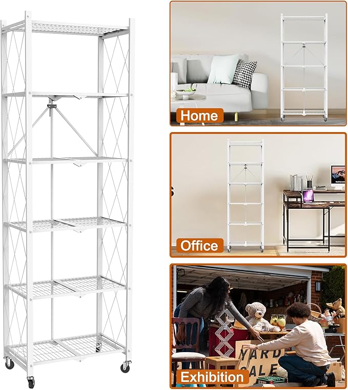 6 Tier Foldable Metal Storage Shelf with Wheels, 600 LBS Heavy Duty Collapsible Wire Shelving Unit, Rolling Utility Rack Cube Bookshelf for Kitchen Pantry Office Garage, 73" x 14" x 23" White