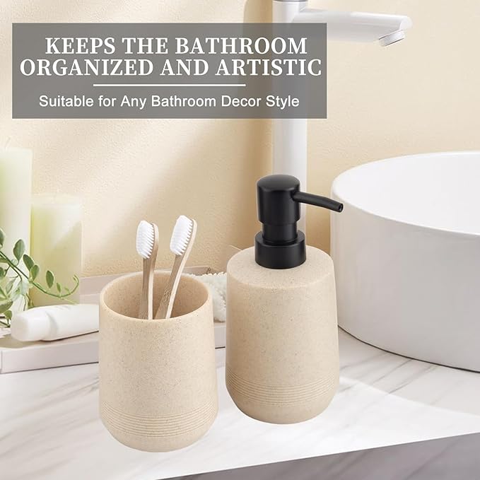 Bathroom Accessories Set, 2 Piece Resin Bathroom Accessory Set with Soap Dispenser and Toothbrush Holder for Modern Bathroom Decor (Beige)