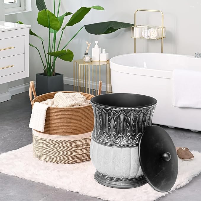 6 Pieces Pumkins Bathroom Accessories Set Including Trash Can, Cup, Toothbrush Holders, Soap Dishes, Soap Dispenser and Toilet Brush, Home Decoration, Retro Style, Grey