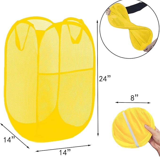 Pop Up Laundry Basket Mesh Collapsible Laundry Basket Foldable Popup Hamper for Bedroom, Dorms, Travel, Cruise, Yellow