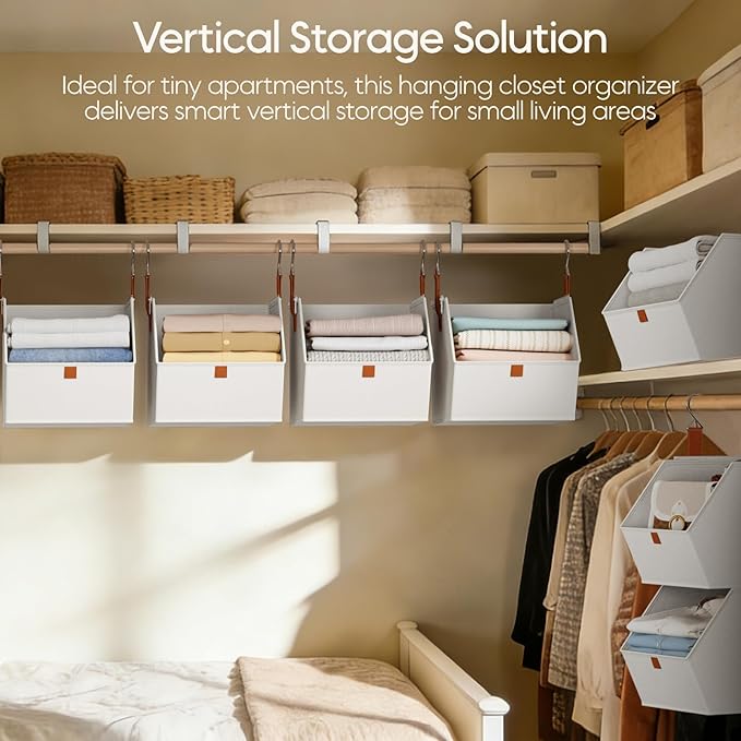 Collapsible Hanging Closet Organizer - 6 Tier Closet Shelves Storage System with Hooks, Fabric Hanging Storage Bins for Clothes, Foldable Storage Basket for Laundry, Bedroom, Rv, White
