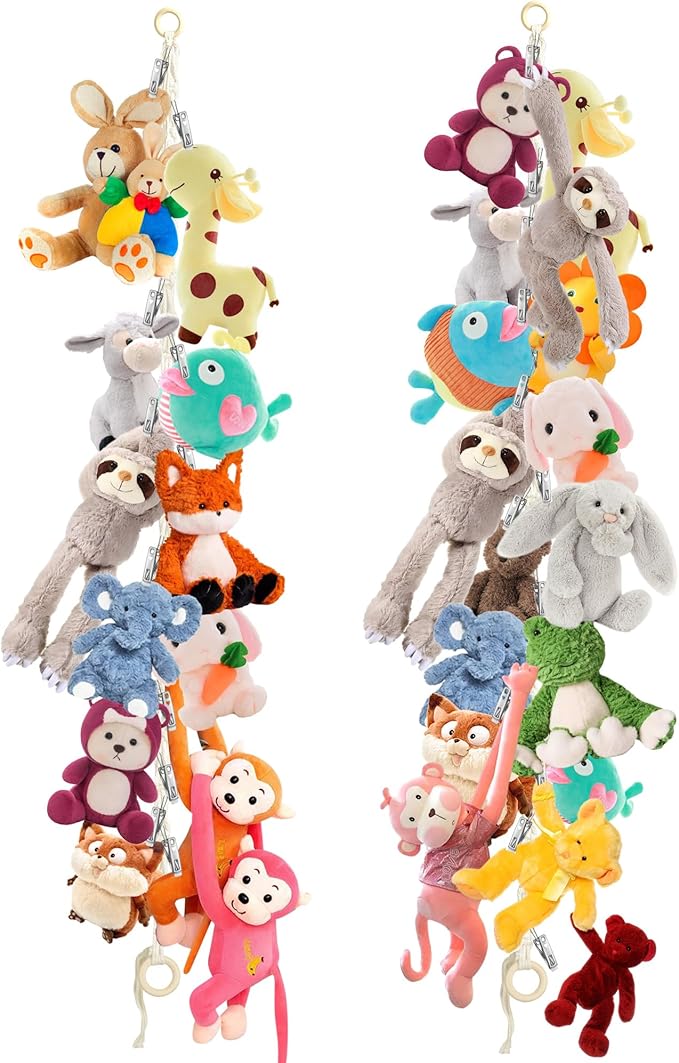 2pcs Stuffed Animal Storage Chain - Boho Stuffed Animal Hammock with 40pcs Metal Clips, Stuff Animal Organizer Hanging Storage for Bedroom Wall Door Display