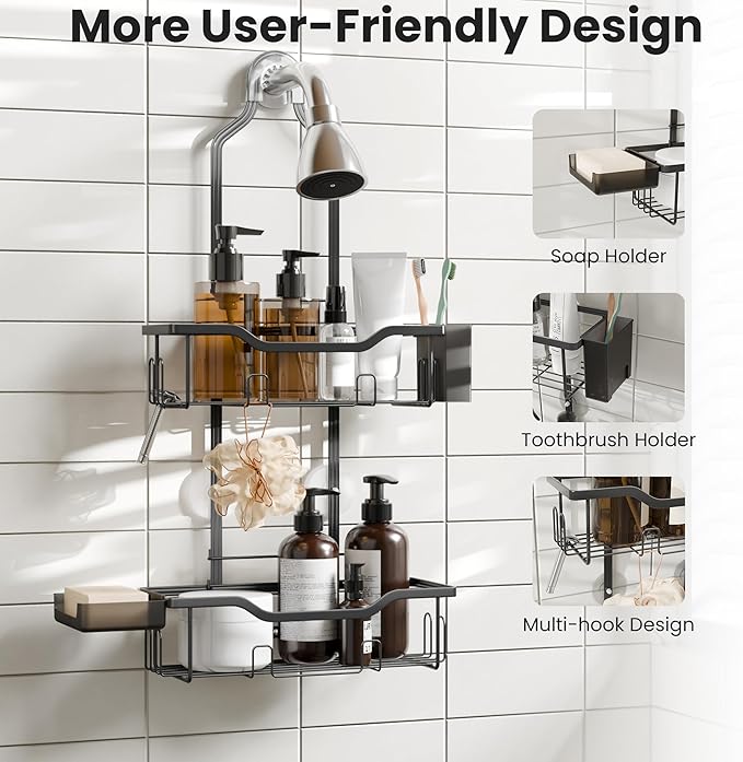 Hanging Shower Caddy Over Head,2 Tier Rustproof Shower Organizer for Tall Showerhead,No Drill Bath Caddy Hanging with Soap Dish and Toothbrush Holder for Razor and Sponge,Black