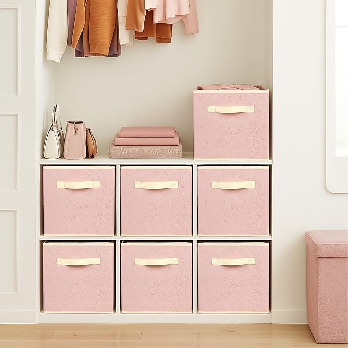 ShellKingdom Storage Bins, Foldable Fabric Storage Cubes with 3D Embossed Rose Pattern, Cloth Organizer Drawer For Closet And Toys, 10.5 X 10.5 X 11 inch, 2 Pack (Light Pink)