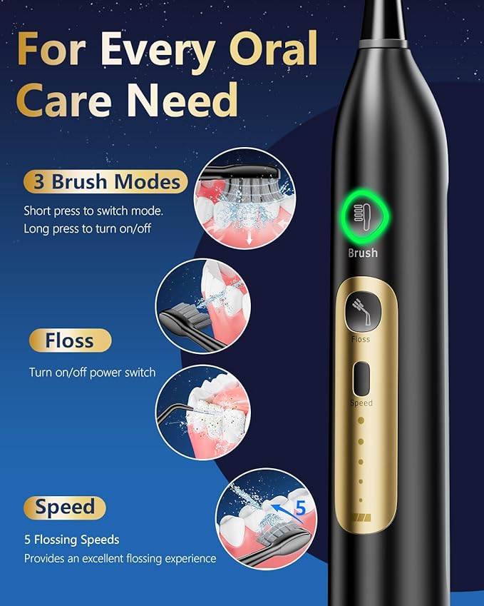 Electric Toothbrush with Water Flosser Combo, Professional Flossing Toothbrush with 3 Sonic Brush Modes & 5 Water Pressures, Cordless Water Flosser for Adults Teeth Cleaning Plaque Removal