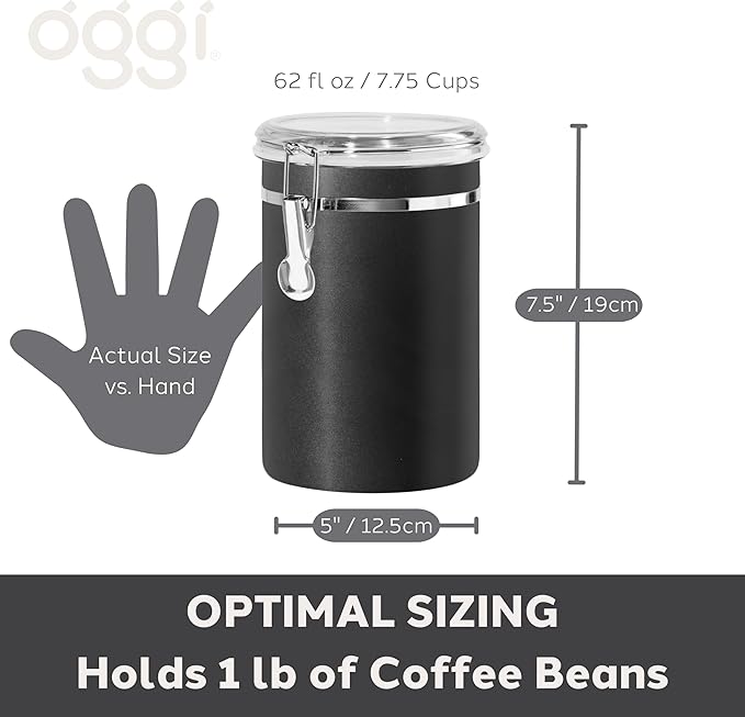Oggi Stainless Steel Kitchen Canister 62 fl oz, Black - Airtight Clamp Lid, Clear See-Thru Top - Ideal for Kitchen Storage, Food Storage, Pantry Storage. Large Size 5" x 7.5".