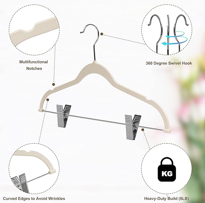 Quality Plastic 20-Pack Non Velvet Non-Flocked Thin Compact Coat Hangers with Metal Clips for Skirts Pants Blouses 360° Swivel Hook (Ivory, 20)
