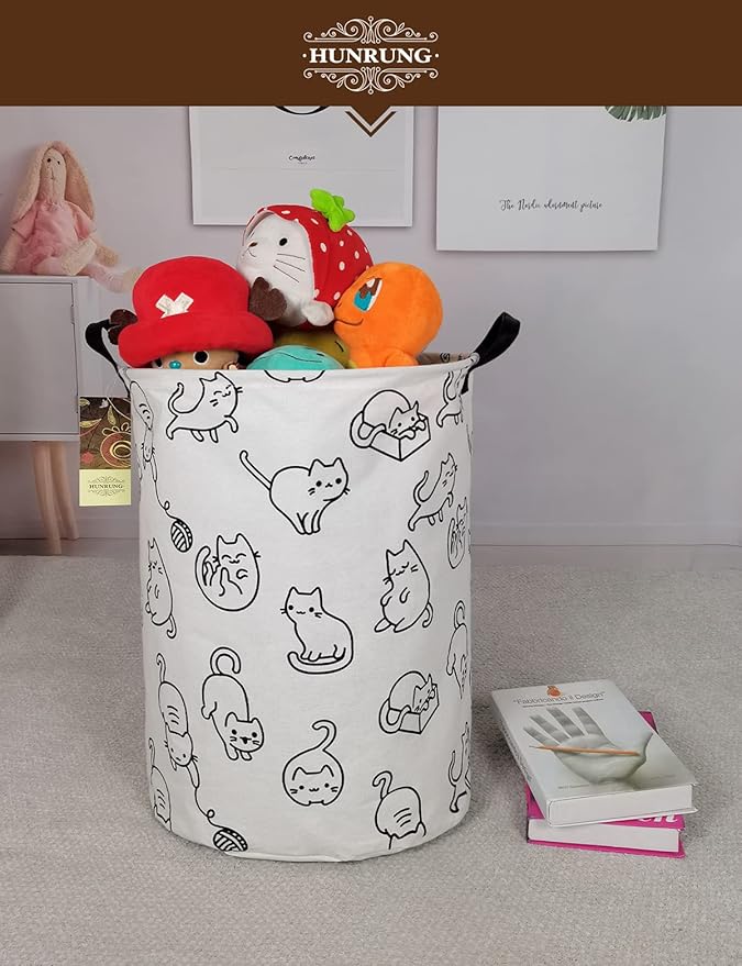 HUNRUNG Laundry Hamper,Large Canvas Fabric Lightweight Storage Basket Toy Organizer Dirty Clothes Collapsible Waterproof for College Dorms, Children Bedroom,Bathroom（Round cat）
