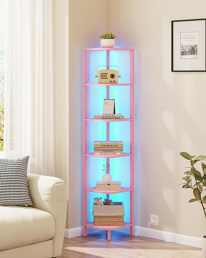 TUTOTAK Corner Shelf with LED Light, 6-Tier Corner Bookshelf for Small Space, Narrow Display Corner Shelf Stand with Storage Rack, for Living Room, Bedroom, Pink BS08BP006L
