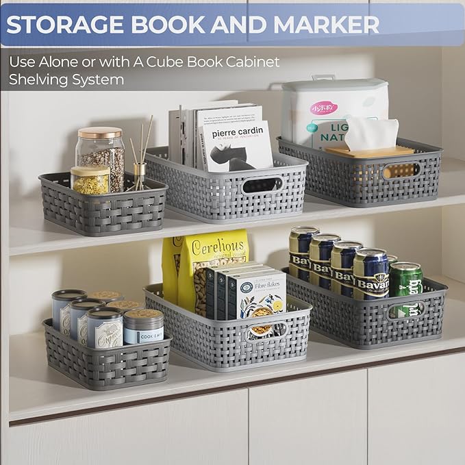 6 Pack Plastic Storage Baskets, Small Baskets for Organizing, Plastic Storage Bins Wicker Pantry Organizer Bins Household Toys for Laundry Room, Bedrooms, Kitchens, Cabinets, Countertops