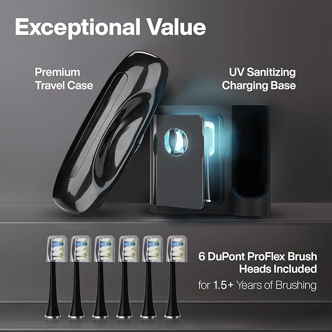 Aquasonic Black Series PRO UV – Ultra-Whitening Electric Toothbrush – 5 Modes & Smart Timers – UV Sanitizing Base, Premium Travel Case & 6 Proflex Brush Heads – ADA Accepted