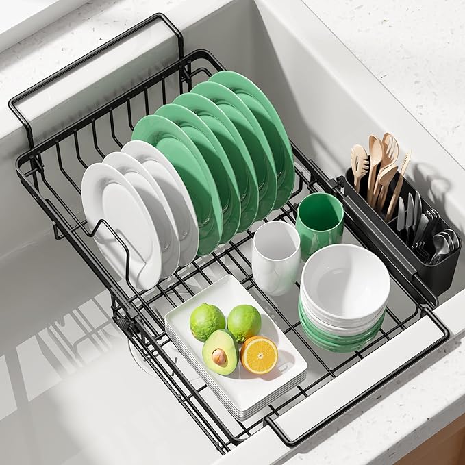 Kitsure Dish Drying Rack – Expandable in-Sink or Over-Sink Dish Rack for Kitchen Counter, Rust-Resistant Metal Dish Strainer with Cutlery Holder, 10.82"-17.12" L x 11.02" W x 3.93" H, Black