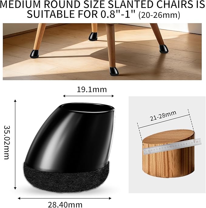Ezprotekt 16 Pcs Chair Leg Floor Protectors, Silicone Covers Felt Furniture Pads for Hardwood Floors, Chair Leg Caps for Tilted Legs(15°-25°), Anti-Scratch and Reduce Noise Round Black M Fit (0.8"-1")