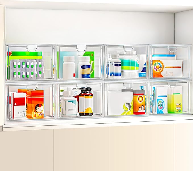 6 Pack Small Stackable Stroage Drawers, Acrylic Bathroom Makeup Organizer, Plastic Storage Bins for Vanity, Undersink, Kitchen Cabinets, Pantry, Home Organization
