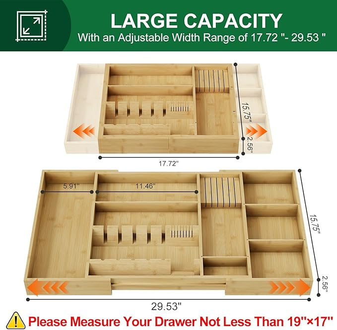 Bamboo Silverware Drawer Organizer, 17.7-29.5 Inch Expandable Large Kitchen Drawer Organizer, 5-8 Slot Flatware with Removable Card Slots & Knife Block for Spoon Butter Knive, Natural