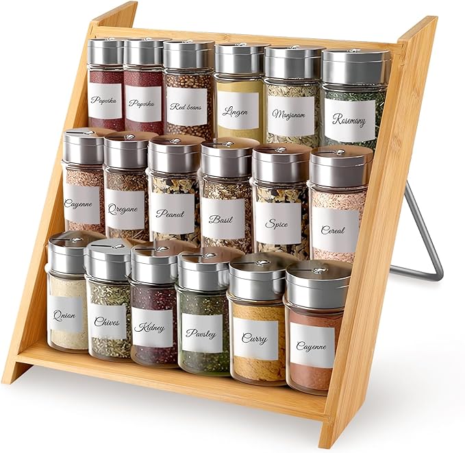 Bamboo Spice Rack Organizer for 18 Jars, 3-Tier Compact Wooden Spice Holder for Kitchen Countertop or Cabinet Drawer, Fits Standard 4oz Glass Jars, Sustainable Kitchen Storage (Rack Only)