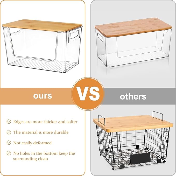 Pantry Organizers Storage, 2 Pack Under Sink Organizer Trash Bag Holder with Bamboo Lids Large Capacity Clear Storage Bins for Onion, Potato, Garlic, Canned Food Kitchen Countertop Organizer