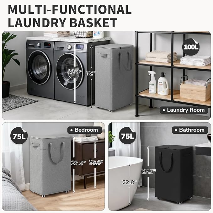 Goodpick Laundry Basket with Wheels and Lid, 75L Rolling Laundry Hamper with Removable Wash Bag and Handles, Collapsible Large Tall Dirty Clothes Hamper for Bathroom Dorm, Light Grey