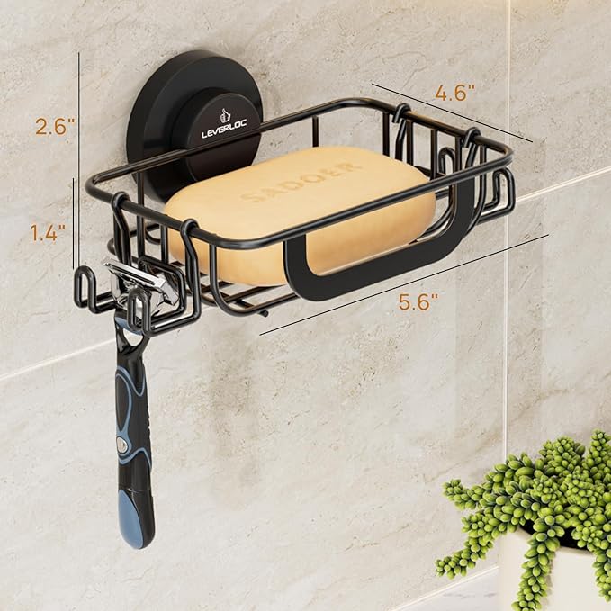 LEVERLOC Soap Holder Shower with Hooks, Bar Suction Cup Soap Dish Tray for Wall, Rust-Proof Stainless Steel Sponge Caddy for Bathroom Accessories Organizer Bathtub Kitchen Sink, Black