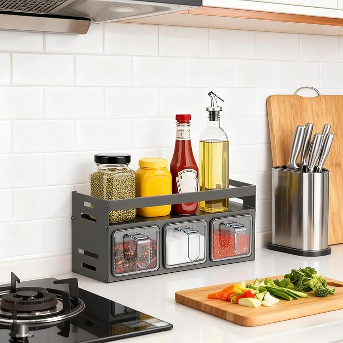 Kitchen Spice Rack, Kitchen Organizer and Storage Rack with 3 Spoons, Spice Organization for Cabinets Punch-free Wall/Countertop Home Decor Multifunctional Double Layer 3 Grid Condiment Rack, Gray