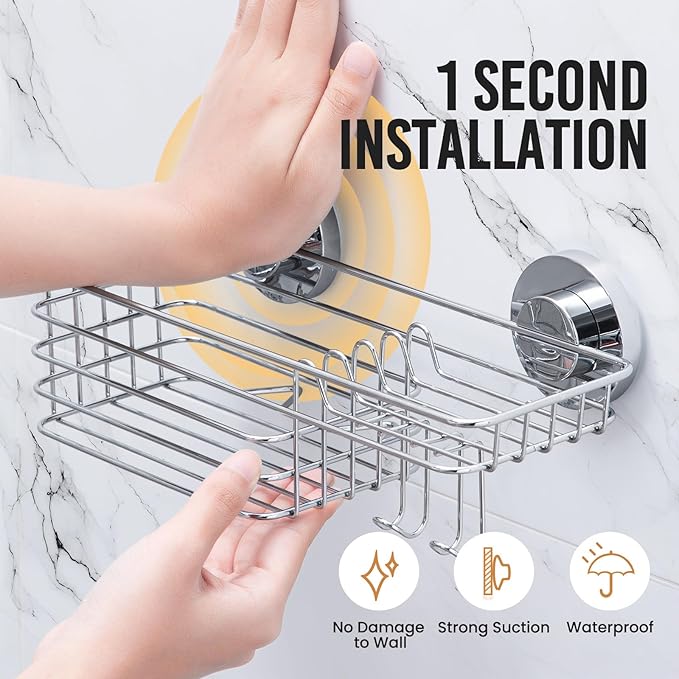 LEVERLOC Shower Caddy Suction Cup, 3 Pack Heavy Duty Bathroom Organizer for Inside Shower with Hooks & Soap Holder, Removable Bathroom Holder