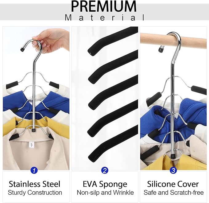 Ripeng 16 Pcs Multi Layer Clothes Hangers 5 in 1 Sweater Shirt Hanger for Shirts Space Saving Anti Slip Metal Heavy Duty Stainless Steel Blouse Tree Hangers for Suit Closet Organizer and Storage Black