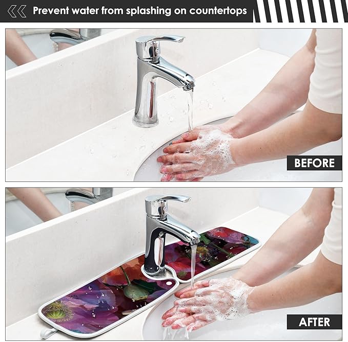 Sink Faucet Absorbing Mat Kitchen Sink Splash Guard Splash Faucet Drip Catcher for Bar RV Bathroom 2PCS 23.6x5.5in Pink Purple Poppy
