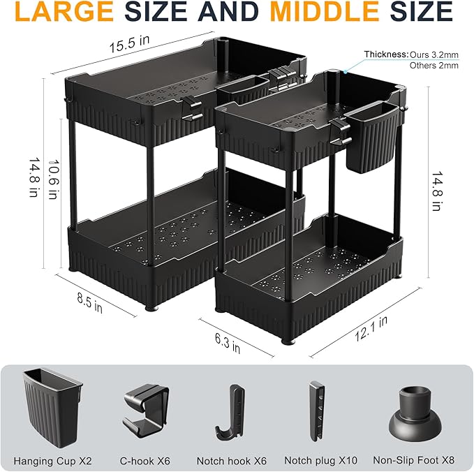 2 Pack Under Sink Organizer, Under Bathroom Cabinet Organizer with Hooks Hanging Cup, Multi-Purpose Storage Shelf for Kitchen Bathroom (Black, XL)