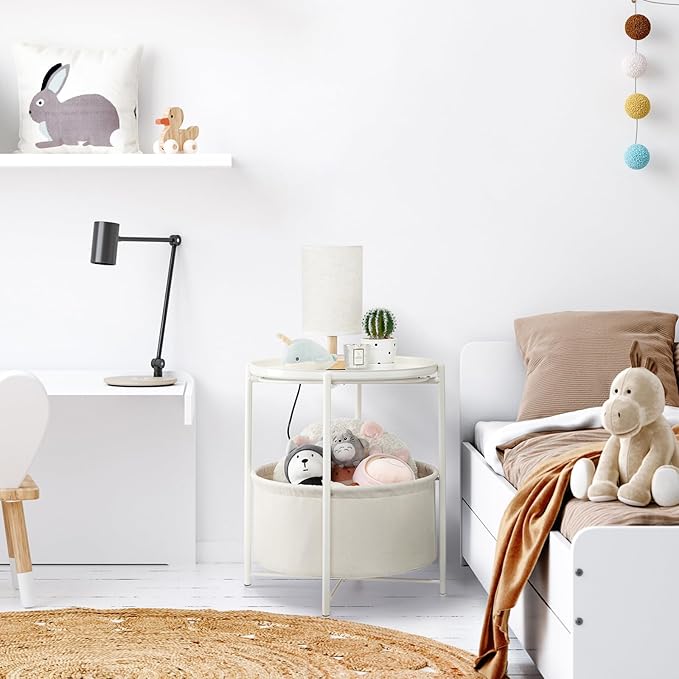 danpinera Round Side Table with Fabric Storage Basket, Metal Side Table Small Bedside Nightstand with Removable Tray Top for Living Room, Bedroom, Nursery, Laundry, White
