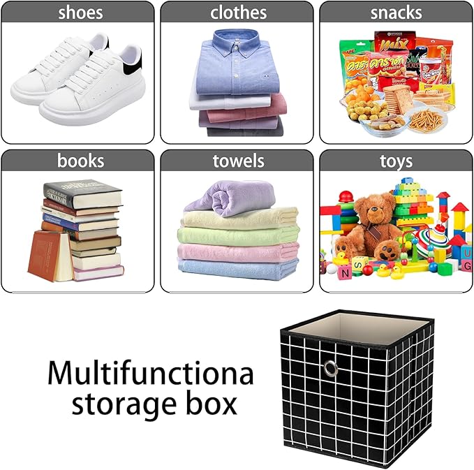 Foldable Storage Cubes Bins,11 Inch Cloth Storage Cube Fabric Storage Box Cubes Organizer Baskets with Dual Handles for Home Organizer Set of 3 (Black grid)