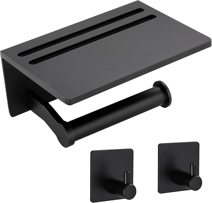 Toilet Paper Holder with Shelf + 2 PCS Towel Hooks - Self Adhesive Toilet Paper Storage - Tissue Roll Holder with Phone Shelf - Wall Mount Toilet Roll Bathroom Organizer - Black